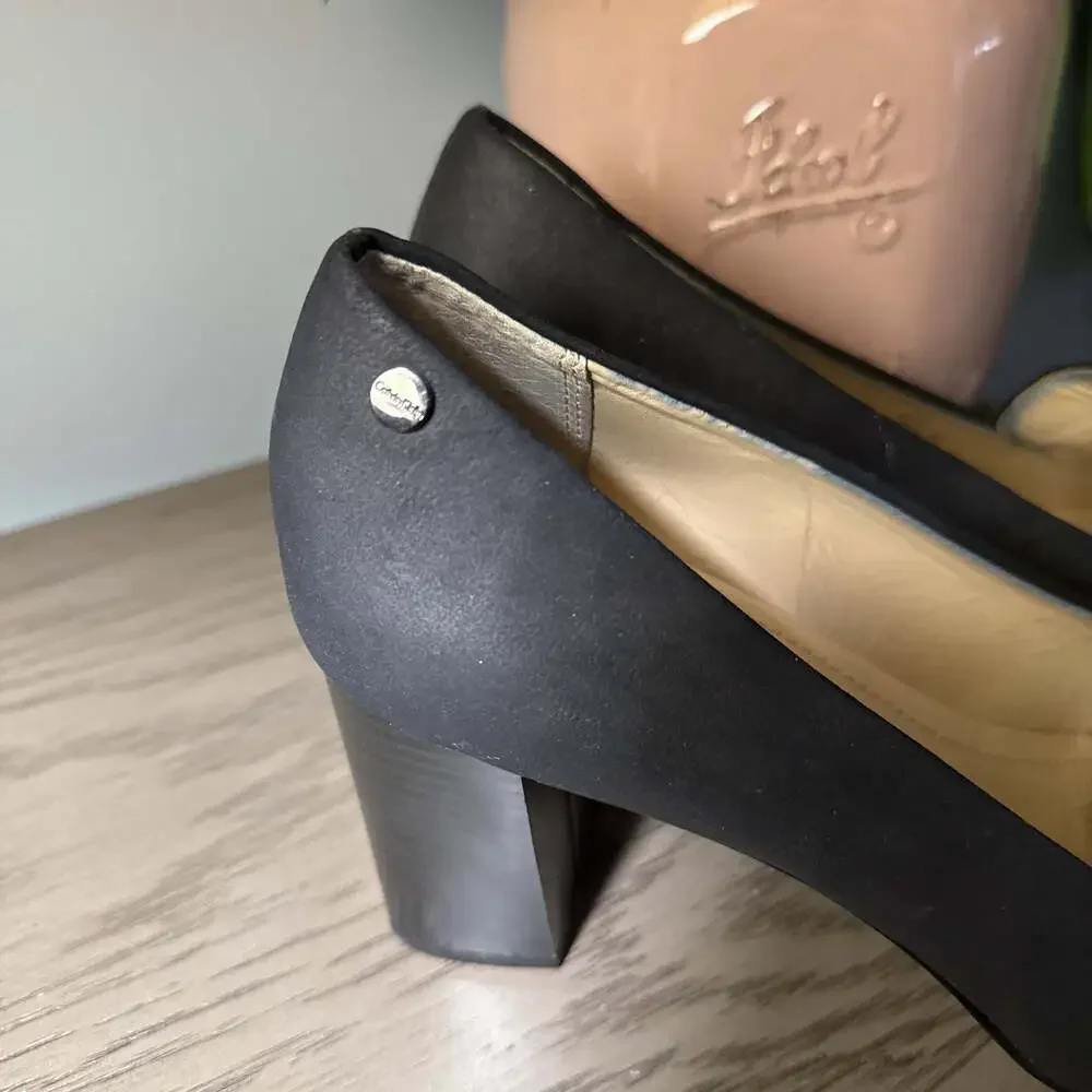 Calvin Klein Onada Black Faux Leather Slip On Loafer‎ Chunky Heels